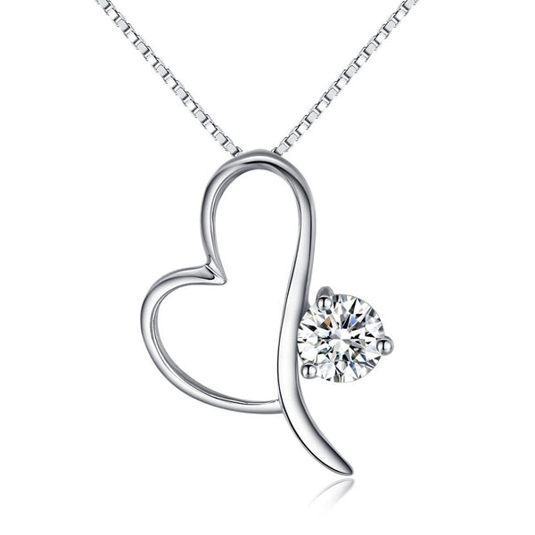 CZ Heart Necklace - Sterling Silver Open Heart Pendant with CZ Crystal on  18 Inch Box Chain Necklace